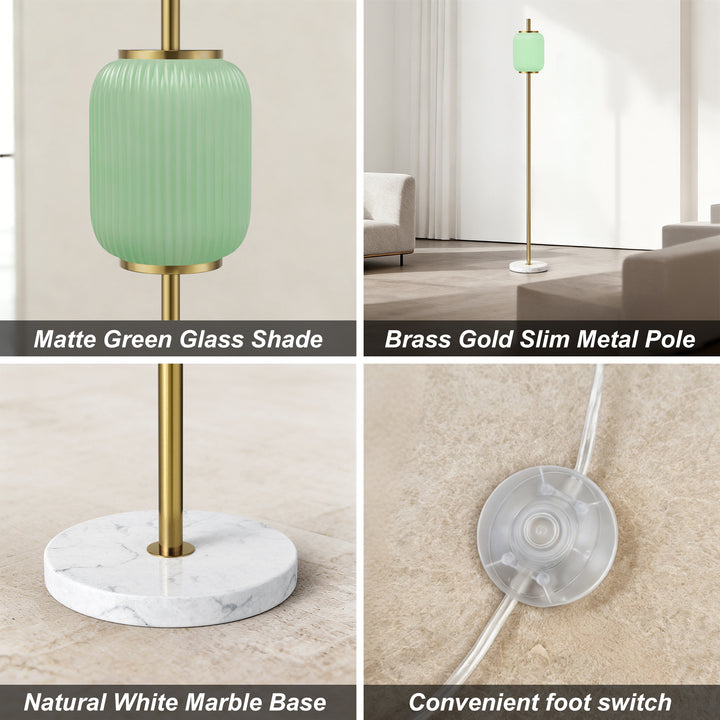 64" Modern Brass Floor Lamp With Ribbed Green Glass Shade And Marble Base, Tall Standing Light For Living Room And Bedroom #