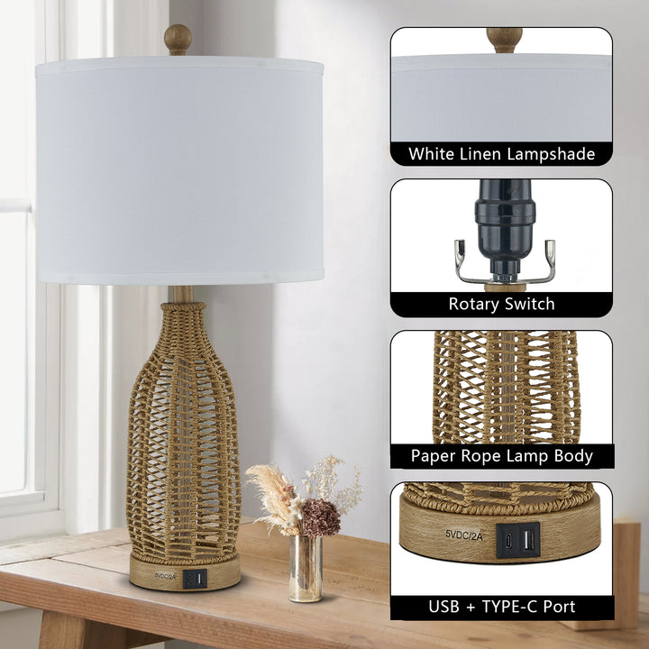 24.5" Natural Rustic Paper Rope And Metal Table Lamp For Living Room/Bedroom #T259