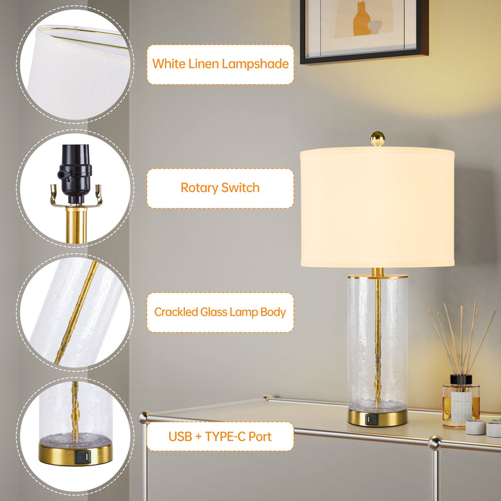 23.25" Modern Glam Glass And Metal Table Lamp With Usb For Living Room/bedroom (Set of 2) #T263