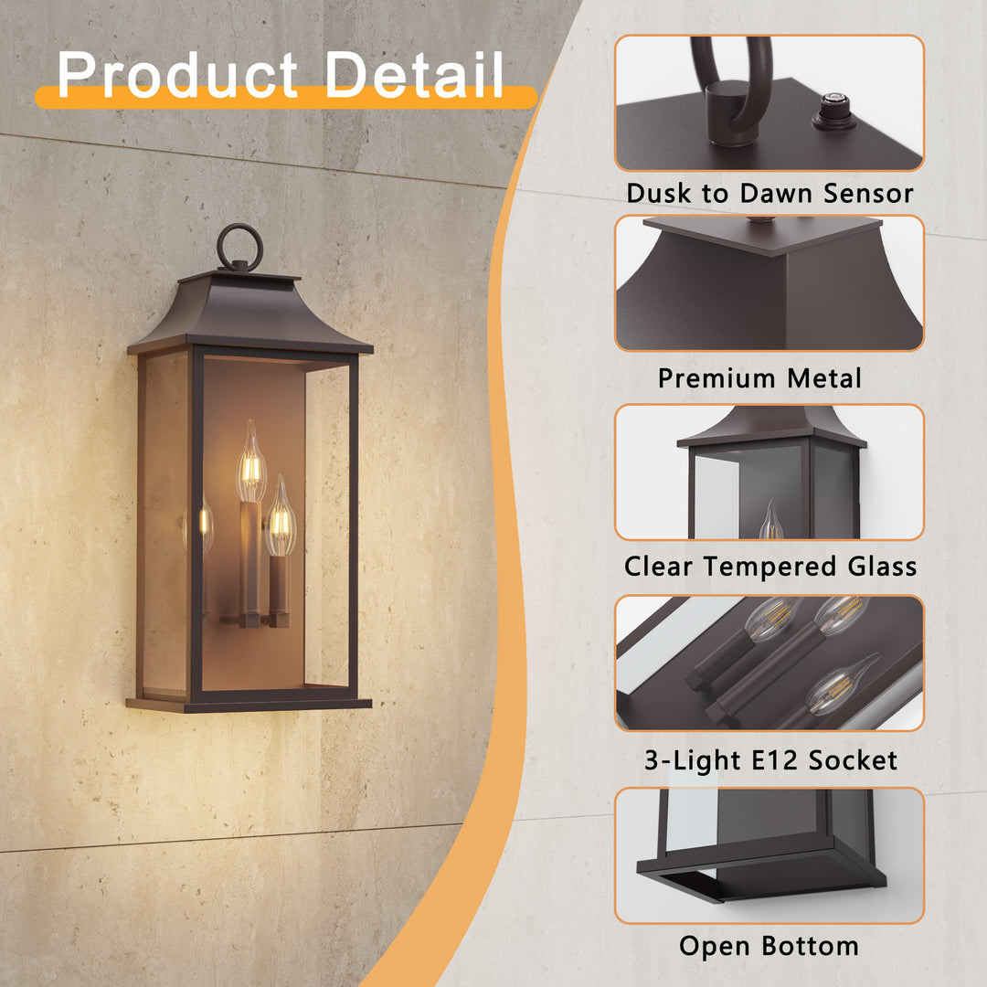 Maxax Dusk to Dawn Outdoor Wall Lights 3-Light, Oil Rubbed Bronze Exterior Lighting Fixtures, 25" Large Outdoor Wall Sconce, Waterproof Outside Wall Lantern for Porch Patio Garage #7076-3BR