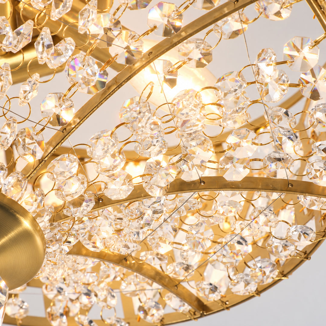 14" 3-Light Polished Brass Drum Semi-Flush Mount Ceiling Light with Crystal Accents for Living Room & Bedroom #19241