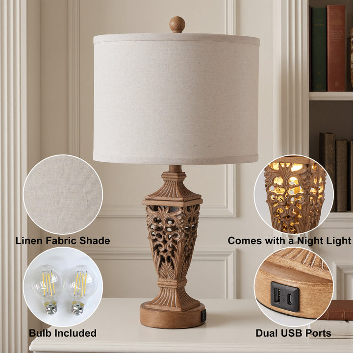 Farmhouse Carved Resin Table Lamp Set with Linen Drum Shades (Set of 2) #T278