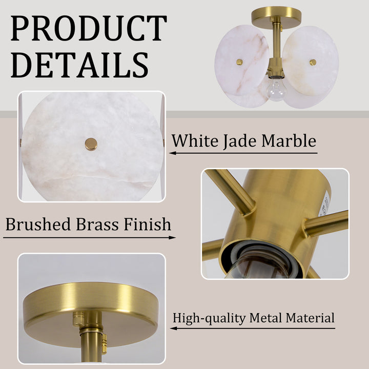 Nest 9.8" 1-Light Modern Brushed Brass Unique/Statement Semi-Flush Mount With White Jade Marble Shade For Hallways, Stairwells & Dining Rooms #19237
