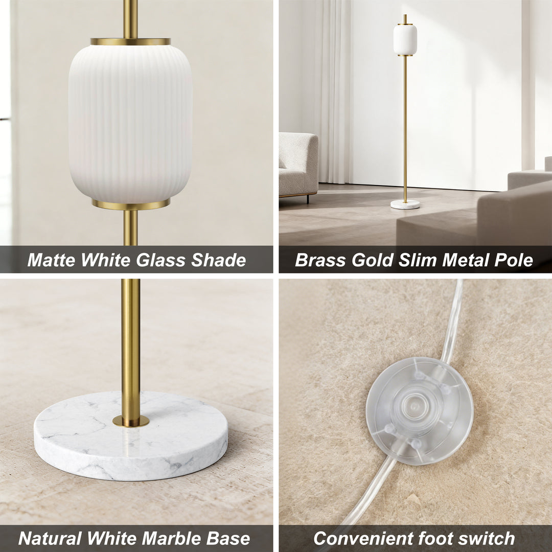 64" Modern Brass Floor Lamp With Ribbed Green Glass Shade And Marble Base, Tall Standing Light For Living Room And Bedroom #