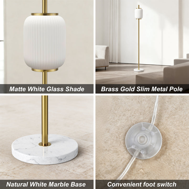 64" Modern Brass Floor Lamp With Ribbed Green Glass Shade And Marble Base, Tall Standing Light For Living Room And Bedroom #