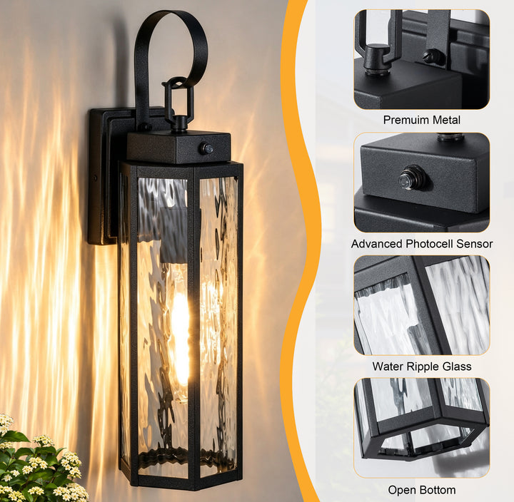 20" Farmhouse Outdoor Wall Sconce, Waterproof Dusk to Dawn Light with Matte Black Frame &amp; Water Ripple Glass 
