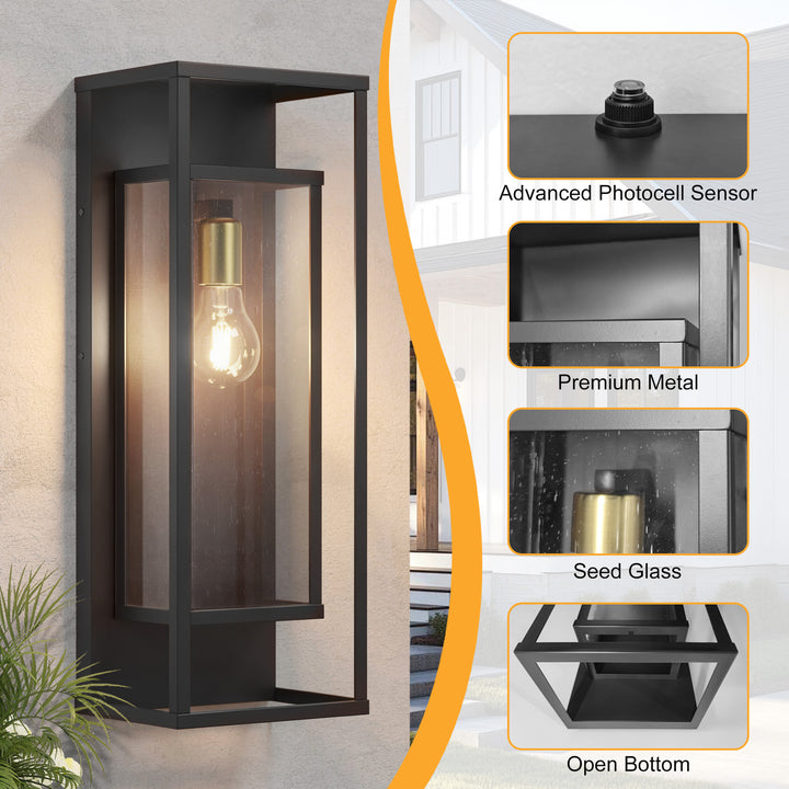 22''H Black and Gold Iron Seeded Glass Outdoor Wall Light with Dusk to Dawn #OW7106