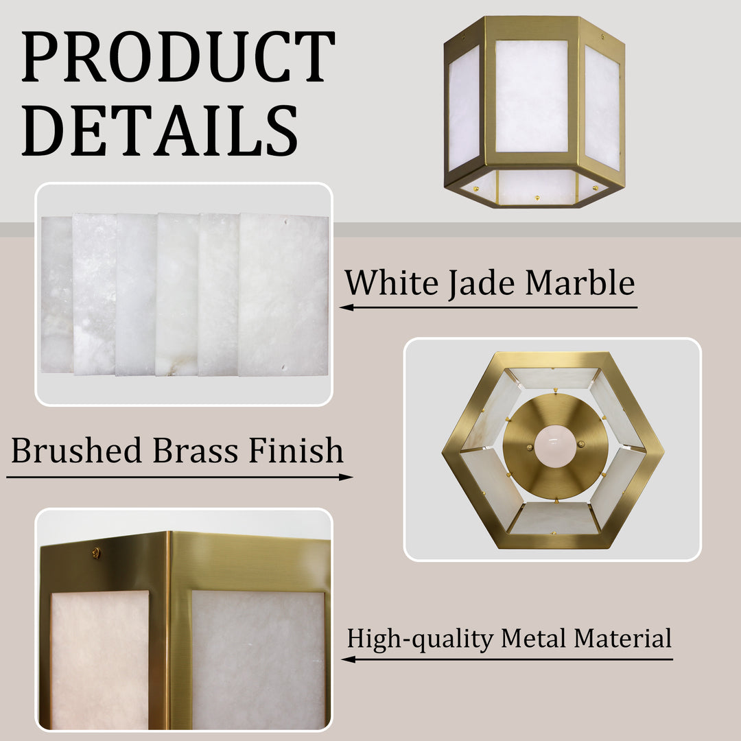 Nest 9.8" 1-Light Modern Brushed Brass White Jade Marble Lantern Flush Mount For Hallway/Entryway/Stairway #19238