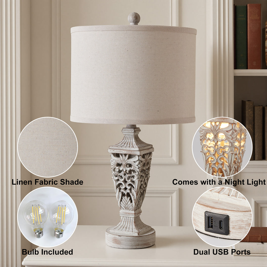 Farmhouse Carved Resin Table Lamp Set with Linen Drum Shades (Set of 2) #T278