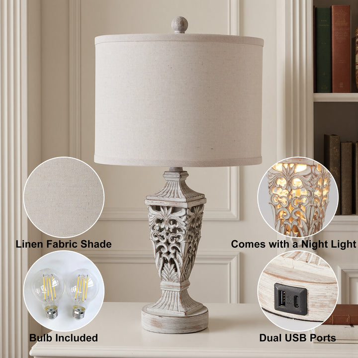 Farmhouse Carved Resin Table Lamp Set with Linen Drum Shades (Set of 2) #T278
