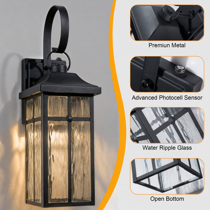 19" 1-Light Farmhouse Outdoor Wall Lantern, Dusk to Dawn &amp; 3CCT Selectable, Waterproof Black Frame with Water Ripple Glass 
