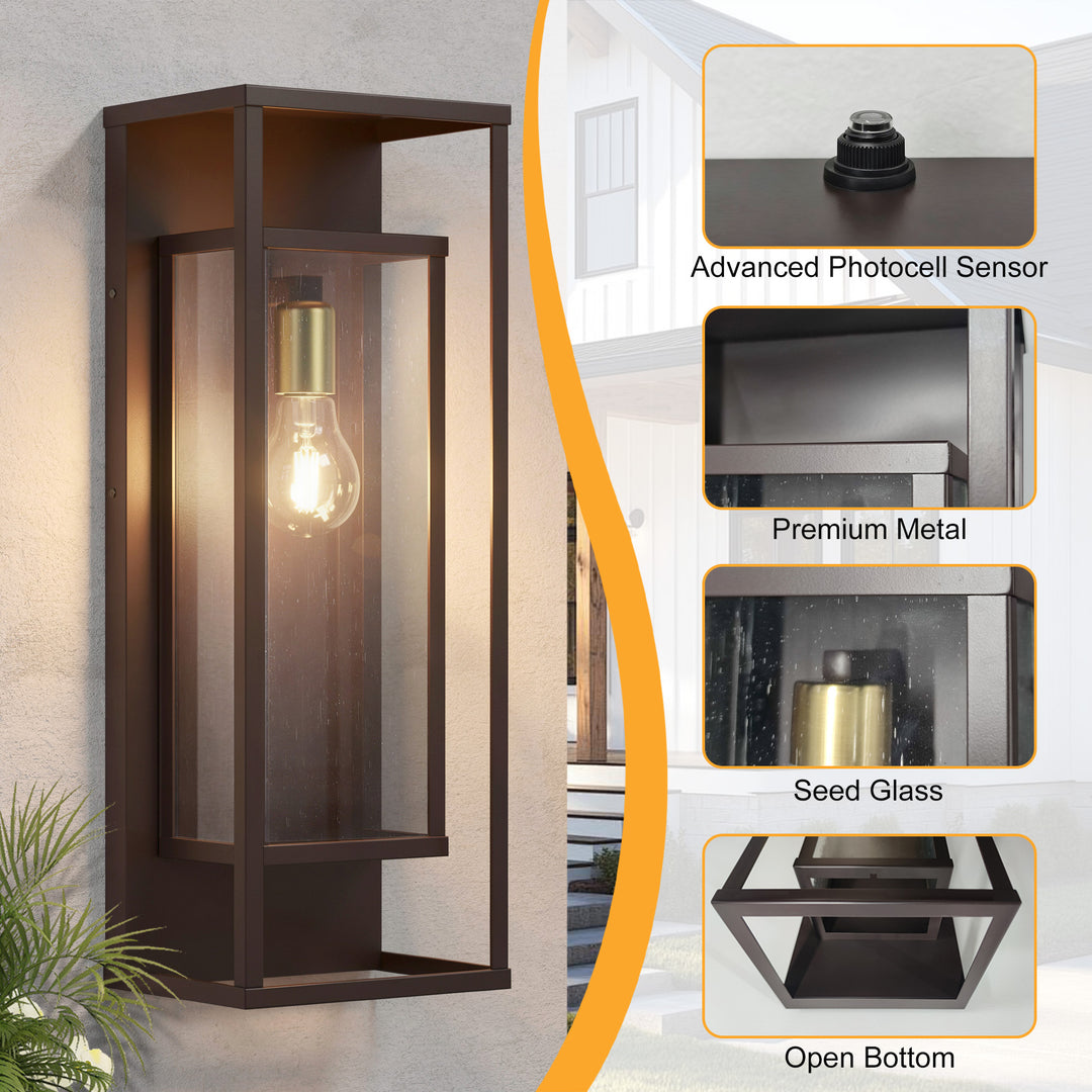 22''H Black and Gold Iron Seeded Glass Outdoor Wall Light with Dusk to Dawn #OW7106