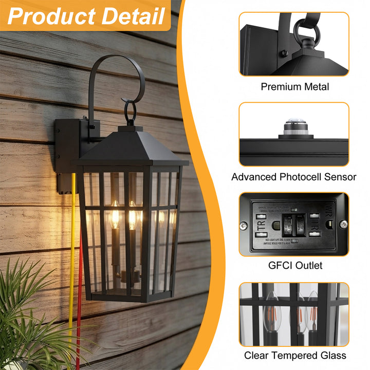 Solstice 12.6''H Black Iron Clear Tempered Glass Outdoor Wall Light with Dusk to Dawn and Built-In GFCI Outlet (Set of 2) #OW7118