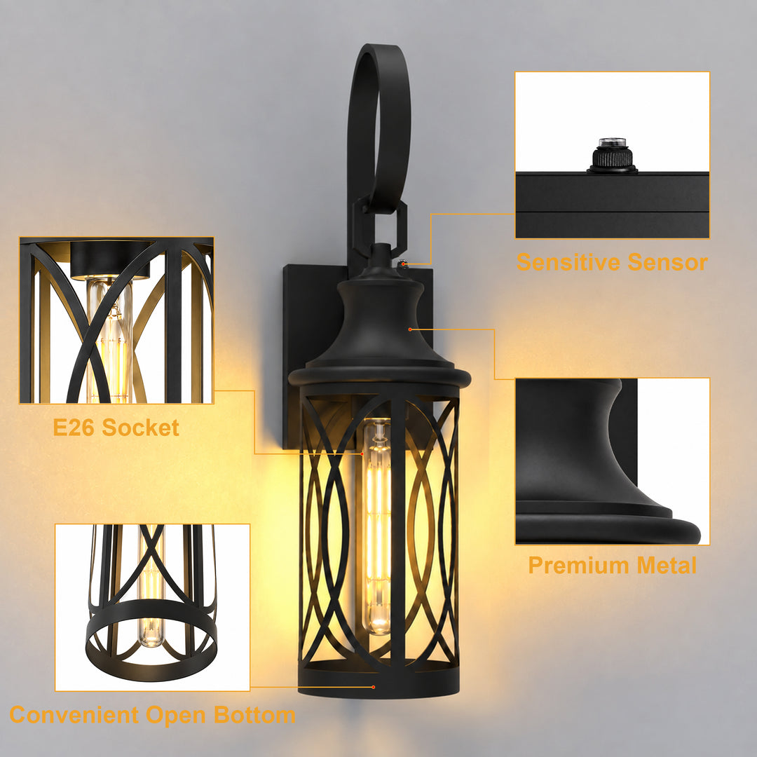 20" Farmhouse Outdoor Wall Sconces with Dusk-to-Dawn Sensor, Waterproof Matte Black Lanterns with Clear Glass, Set of 2 