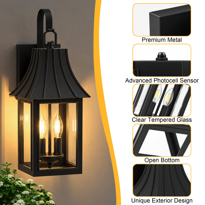 16" 1-Light Farmhouse Outdoor Wall Sconces with Dusk to Dawn Photocell, Weatherproof Matte Black Lanterns with Clear Glass, Set of 2 