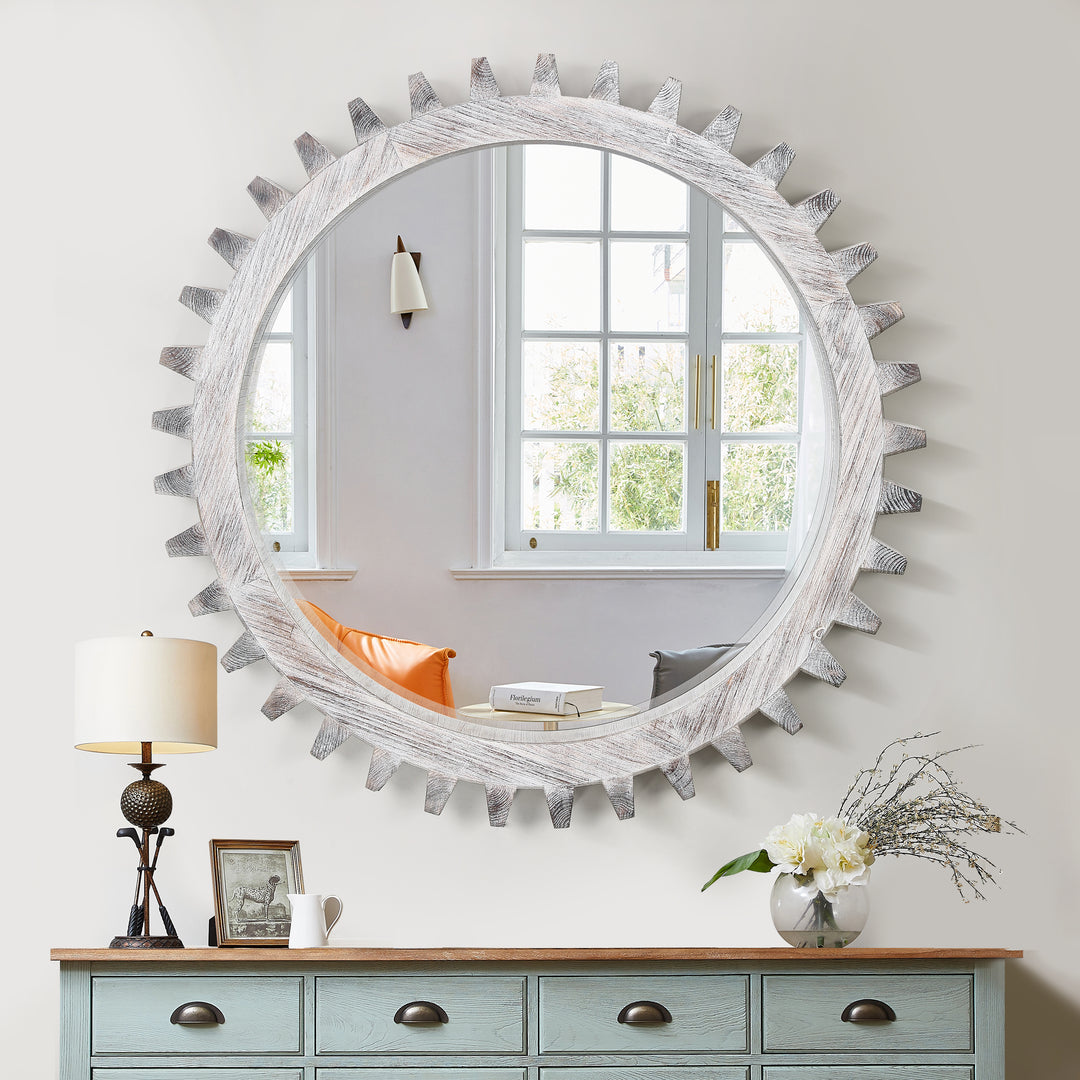 Clarity Wood Round Gear-Shaped Hanging Decorative Wall Mirror #WM-006