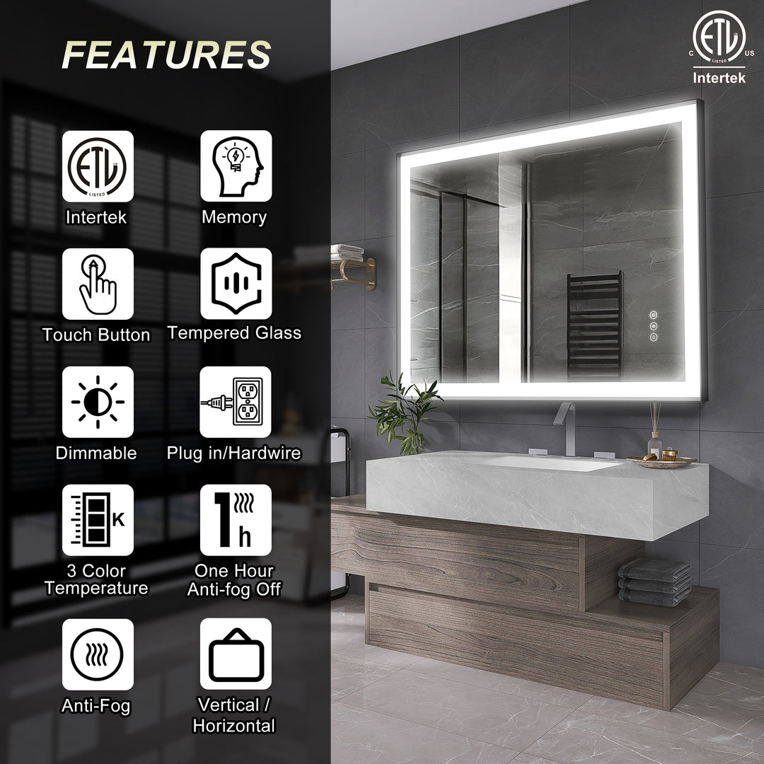 Modern Space Aluminum Framed Led Lighted Dimmable Anti-Fog Tempered Glass Bathroom / Vanity Mirror #MS02