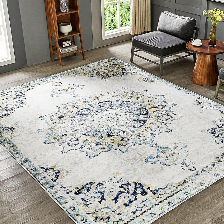 YUIlili Yullili 4"x6" Area Rug for Living Room Vintage Oriental Washable Low Pile Non-Slip Rugs, Soft Decorative Room Boho Carpet Hallway Rug for Bedside, Playroom, Indoor Decor, Yellow/Blue #AZJL2