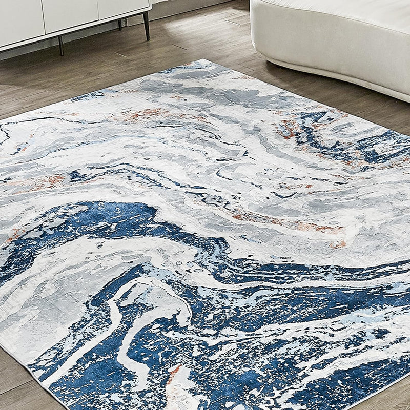 Blue Abstract Rugs Swirling Designs Machine Washable