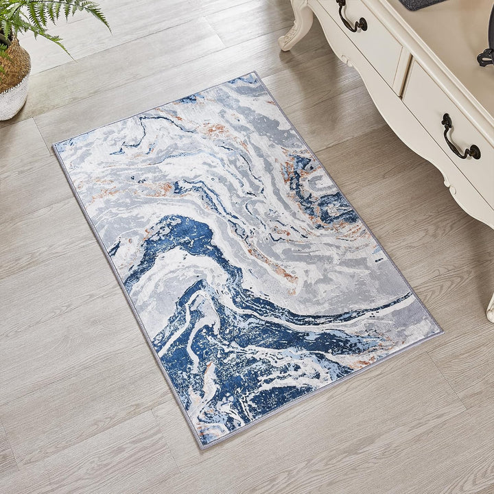 Blue Abstract Rugs Swirling Designs Machine Washable