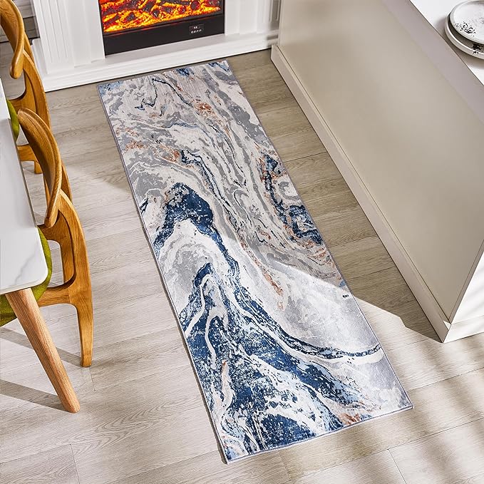 Blue Abstract Rugs Swirling Designs Machine Washable