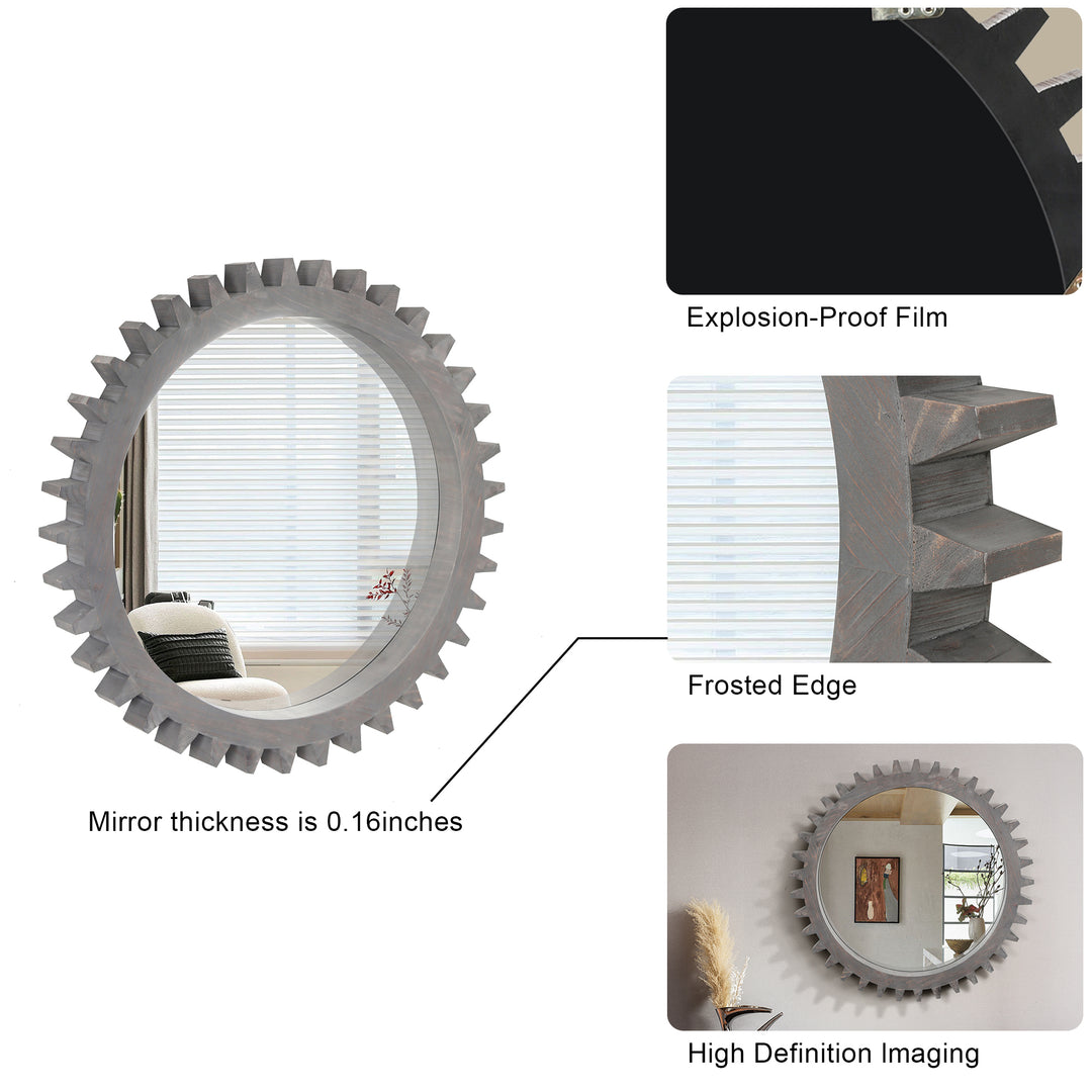 Wood Round Gear-Shaped Hanging Decorative Wall Mirror