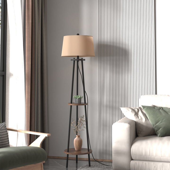 Modern Tripod Floor Lamp with Shelf and Oatmeal Shade