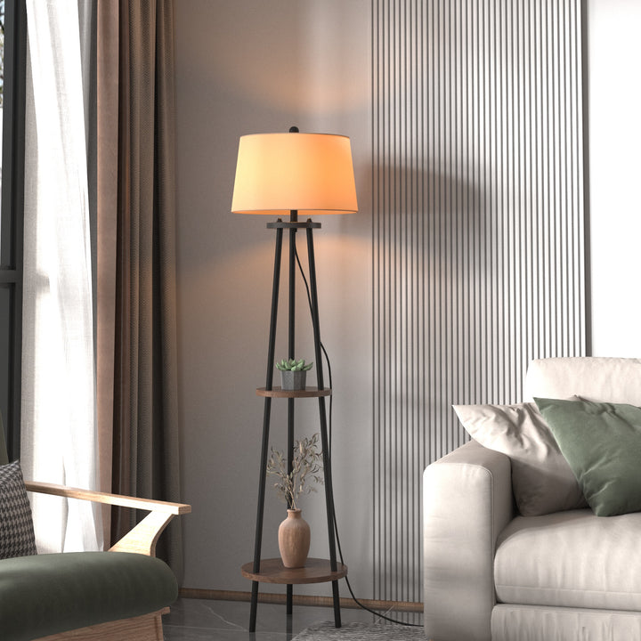 Modern Tripod Floor Lamp with Shelf and Oatmeal Shade #F66