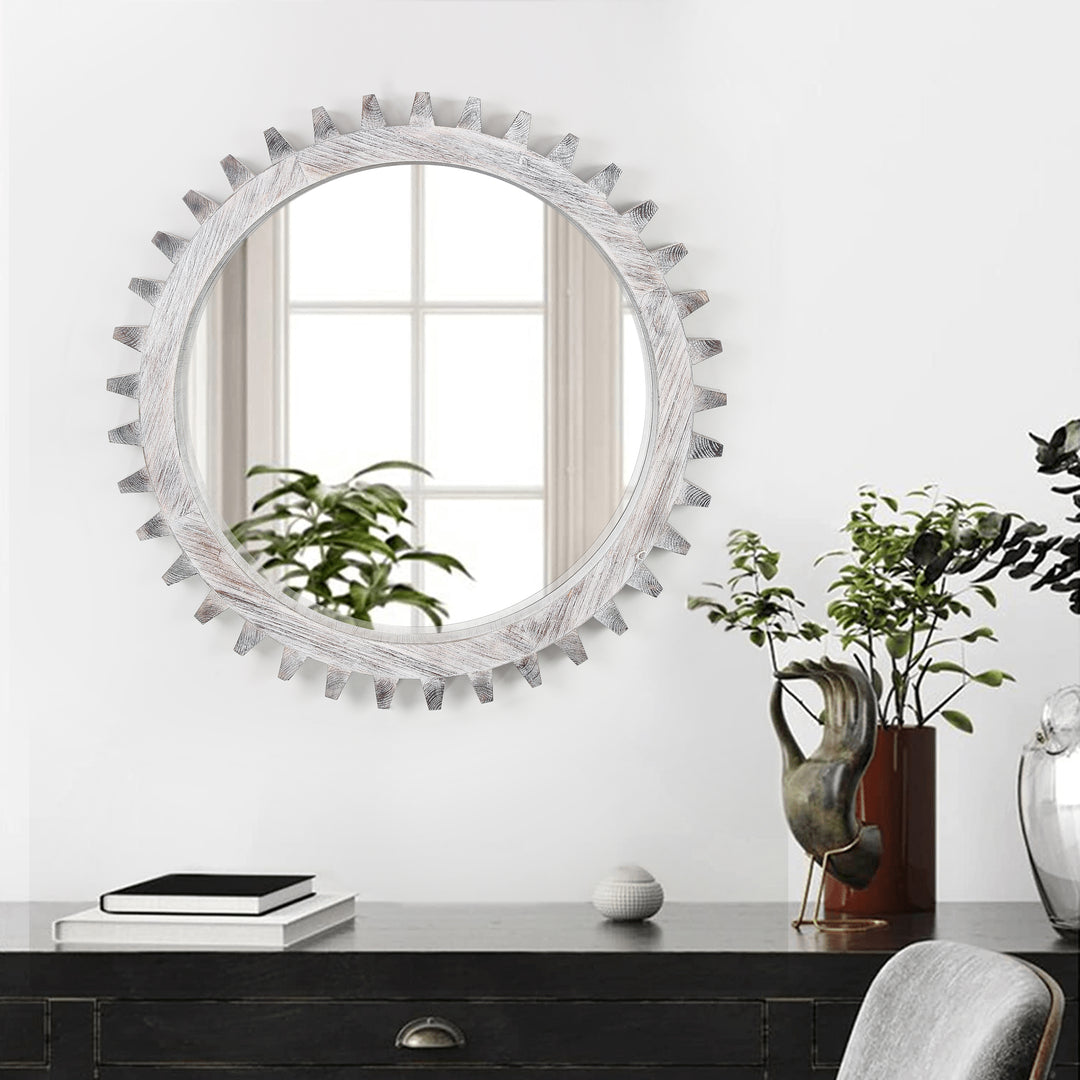 Clarity Wood Round Gear-Shaped Hanging Decorative Wall Mirror #WM-006