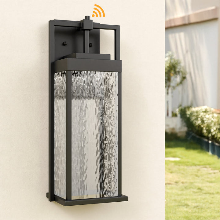 Terrain 18'' H Dimmable LED Black Iron Water Ripple Glass Outdoor Wall Light with Dusk to Dawn #OW7099