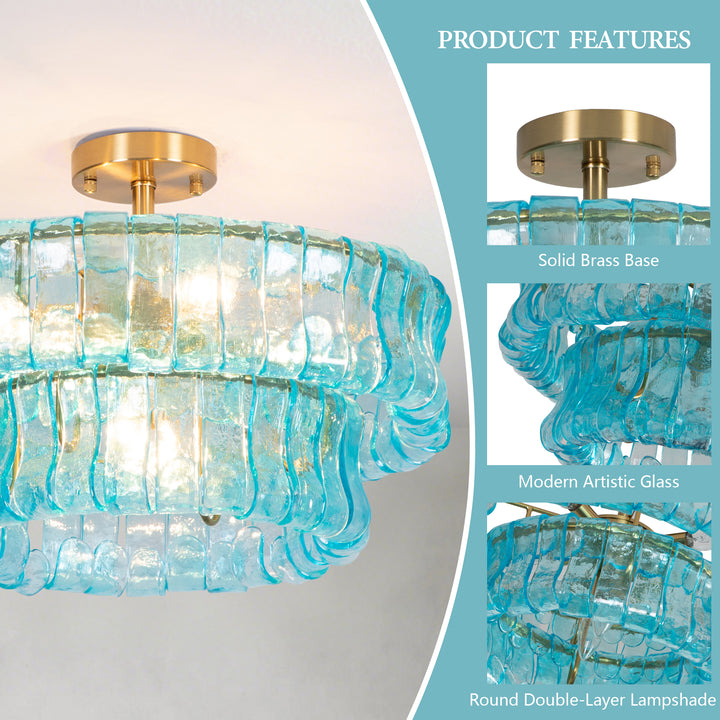 Lumen 20" 6-Light Brushed Brass Double-Layer Clear Artistic Glass Unique / Statement Semi-Flush Mount For Living Room/Bedroom #19235