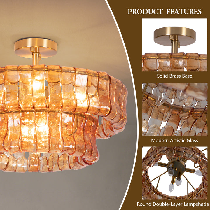 Lumen 20" 6-Light Brushed Brass Double-Layer Clear Artistic Glass Unique / Statement Semi-Flush Mount For Living Room/Bedroom #19235
