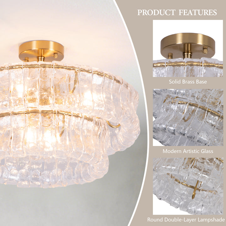 Lumen 20" 6-Light Brushed Brass Double-Layer Clear Artistic Glass Unique / Statement Semi-Flush Mount For Living Room/Bedroom #19235