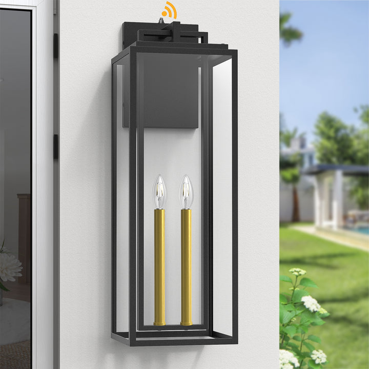 Harbor Black and Gold Base Outdoor Wall Light with Dusk to Dawn and Clear Tempered Glass #OW7102