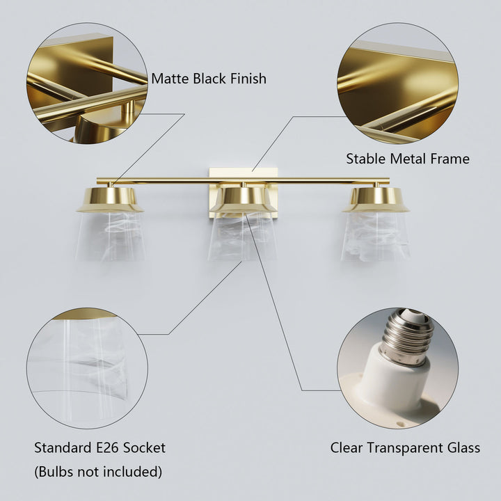 Glimmer 22.6w" 3-light Led Dimmable 3000k/4000k/5000k 3cct ETL Certificated Vanity Light With Patterned Glass #MX21055