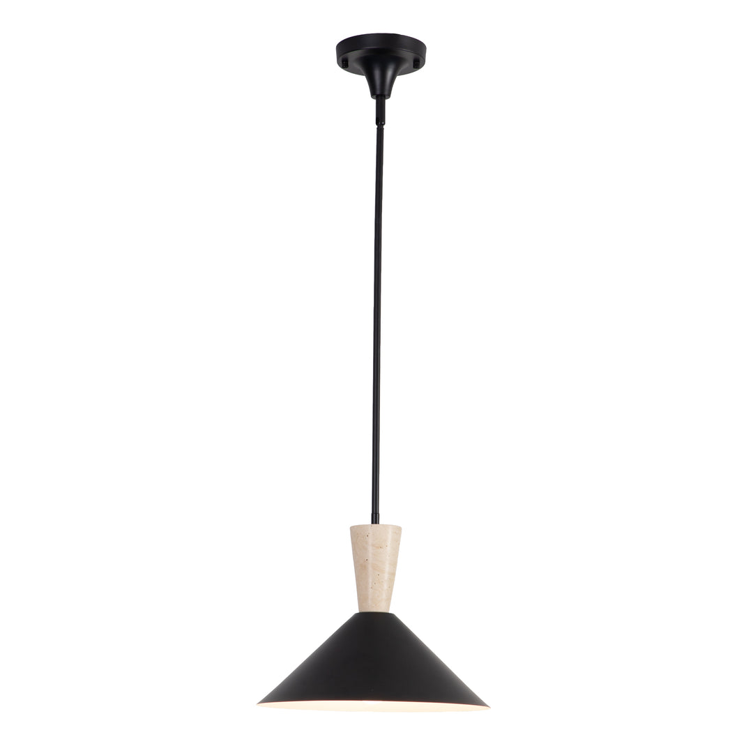 1-Light 13.8"W Black Metal Modern Cone Pendant With Marble Decoration For Kitchen Island Or Dining Room #19236