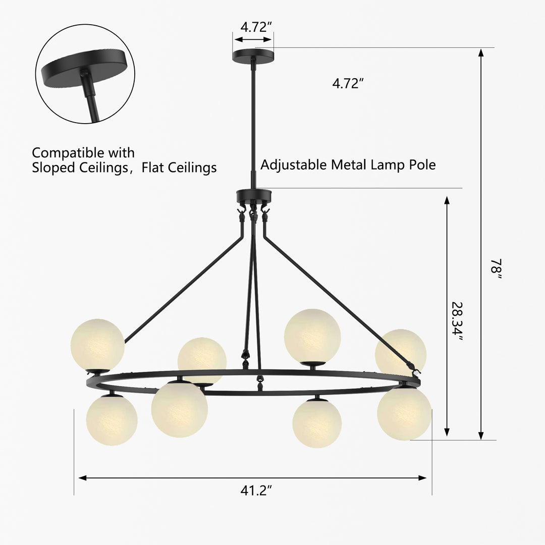 8-light Metal And Cloud Glass Wagon Wheel Shaded Chandelier For Living Room/bedroom #29011-8BK