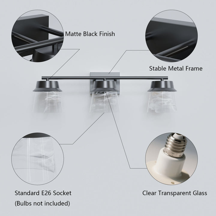 Glimmer 22.6w" 3-light Led Dimmable 3000k/4000k/5000k 3cct ETL Certificated Vanity Light With Patterned Glass #MX21055