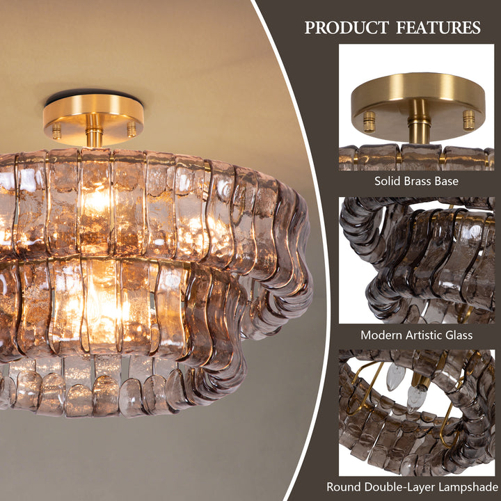 Lumen 20" 6-Light Brushed Brass Double-Layer Clear Artistic Glass Unique / Statement Semi-Flush Mount For Living Room/Bedroom #19235