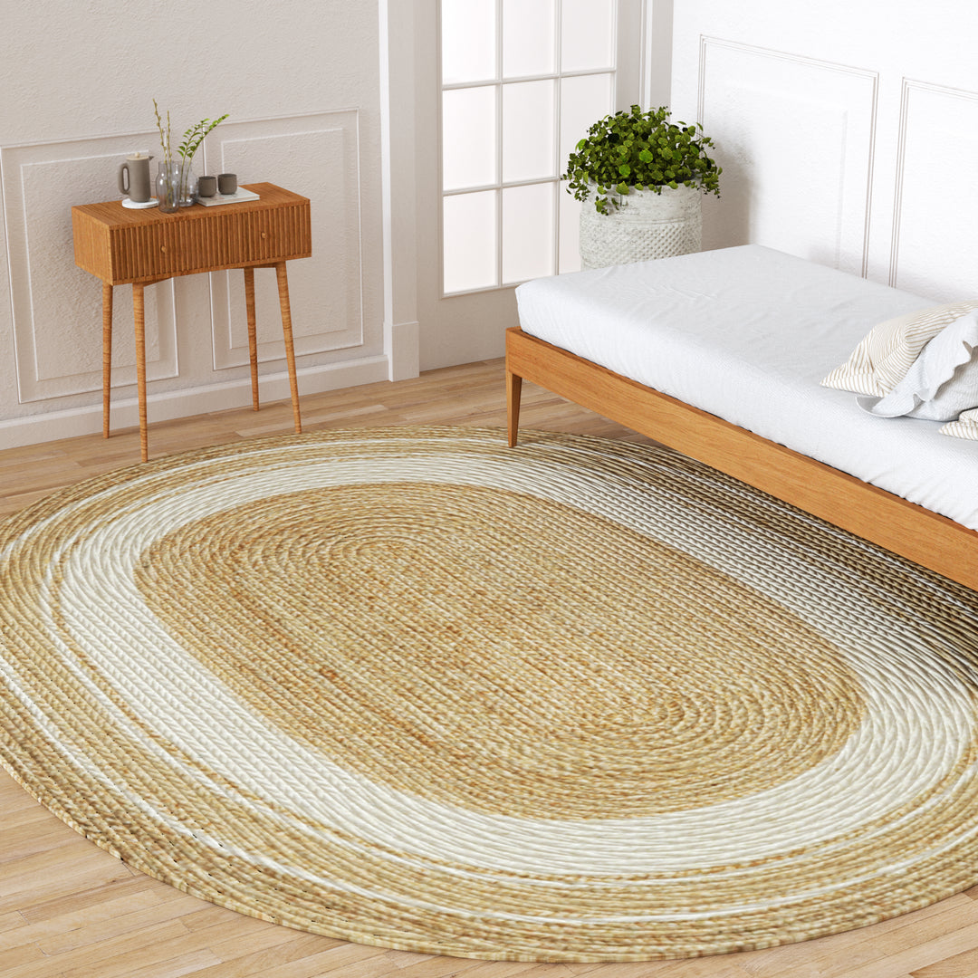 4modernhome Jute Hand Braided Zigzag Stitch Natural Fibers Farmhouse Style Area Rug For Dining Room Living Room Kitchen, Off White/Natural #DT23-5