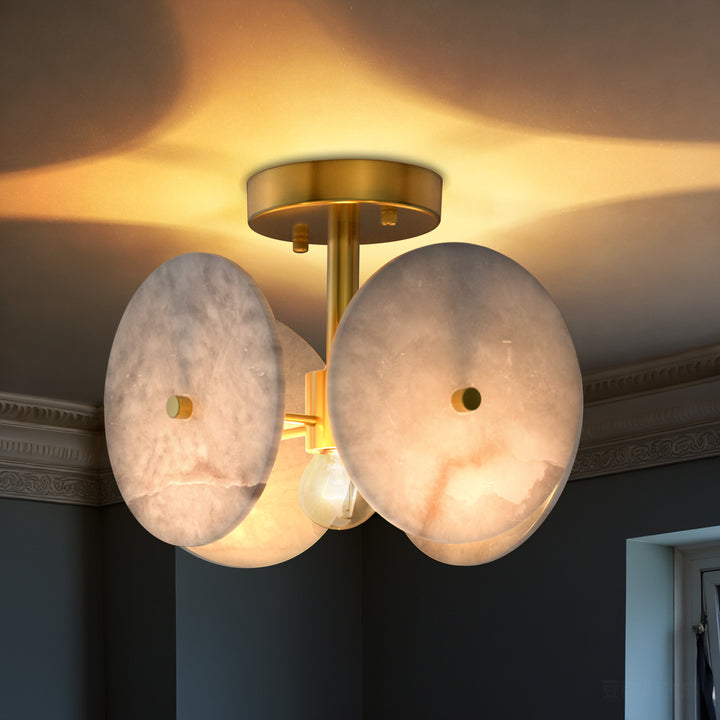Nest 9.8" 1-Light Modern Brushed Brass Unique/Statement Semi-Flush Mount With White Jade Marble Shade For Hallways, Stairwells & Dining Rooms #19237