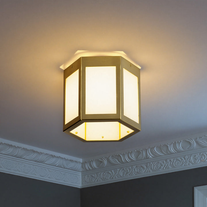 Nest 9.8" 1-Light Modern Brushed Brass White Jade Marble Lantern Flush Mount For Hallway/Entryway/Stairway #19238