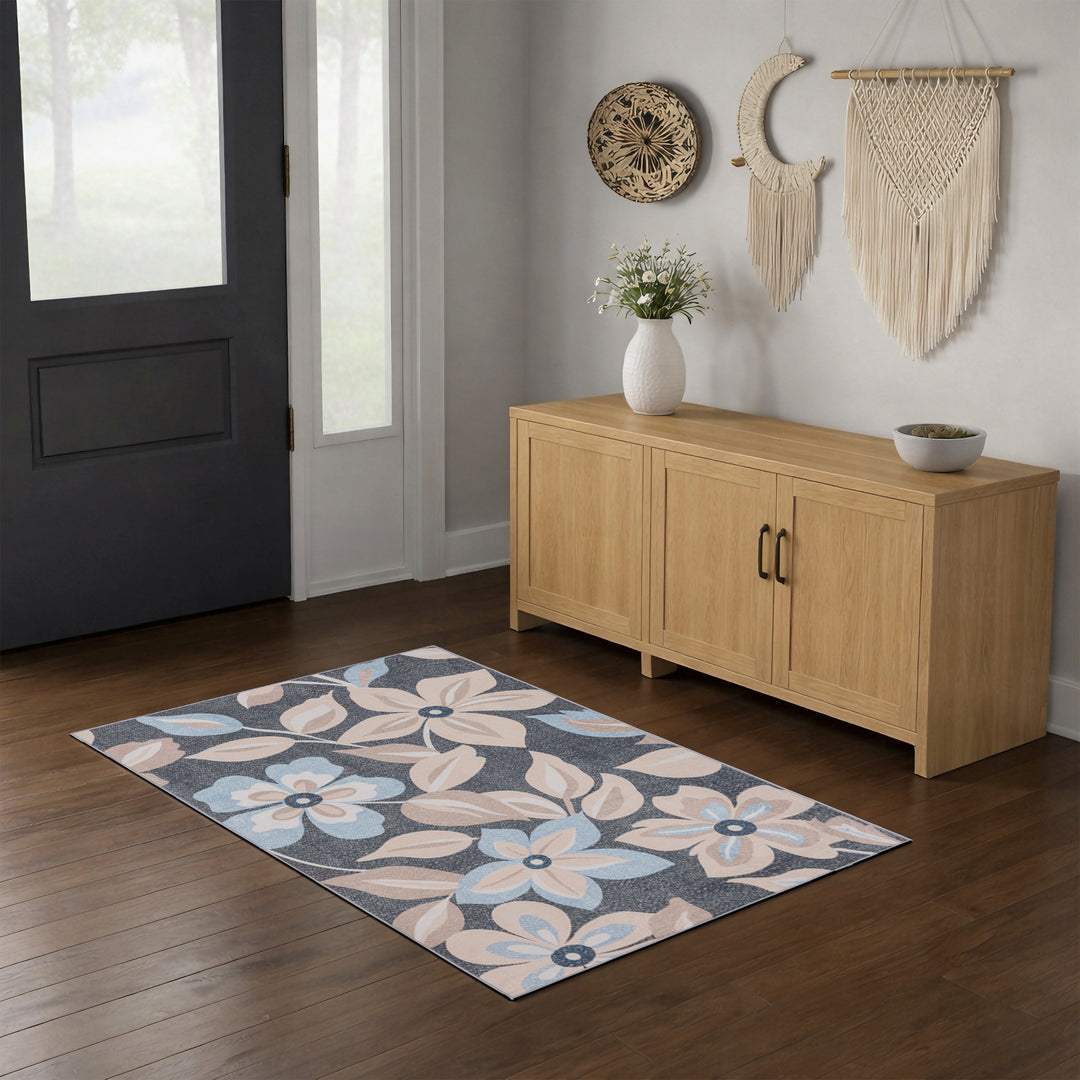 YUIlili Boho Floral Area Rug Charcoal Blue Beige Soft Low-Pile Non-Slip Machine Washable Carpet for Living Room, Bedroom, Hallway Runner Indoor Rugs #AZJL15