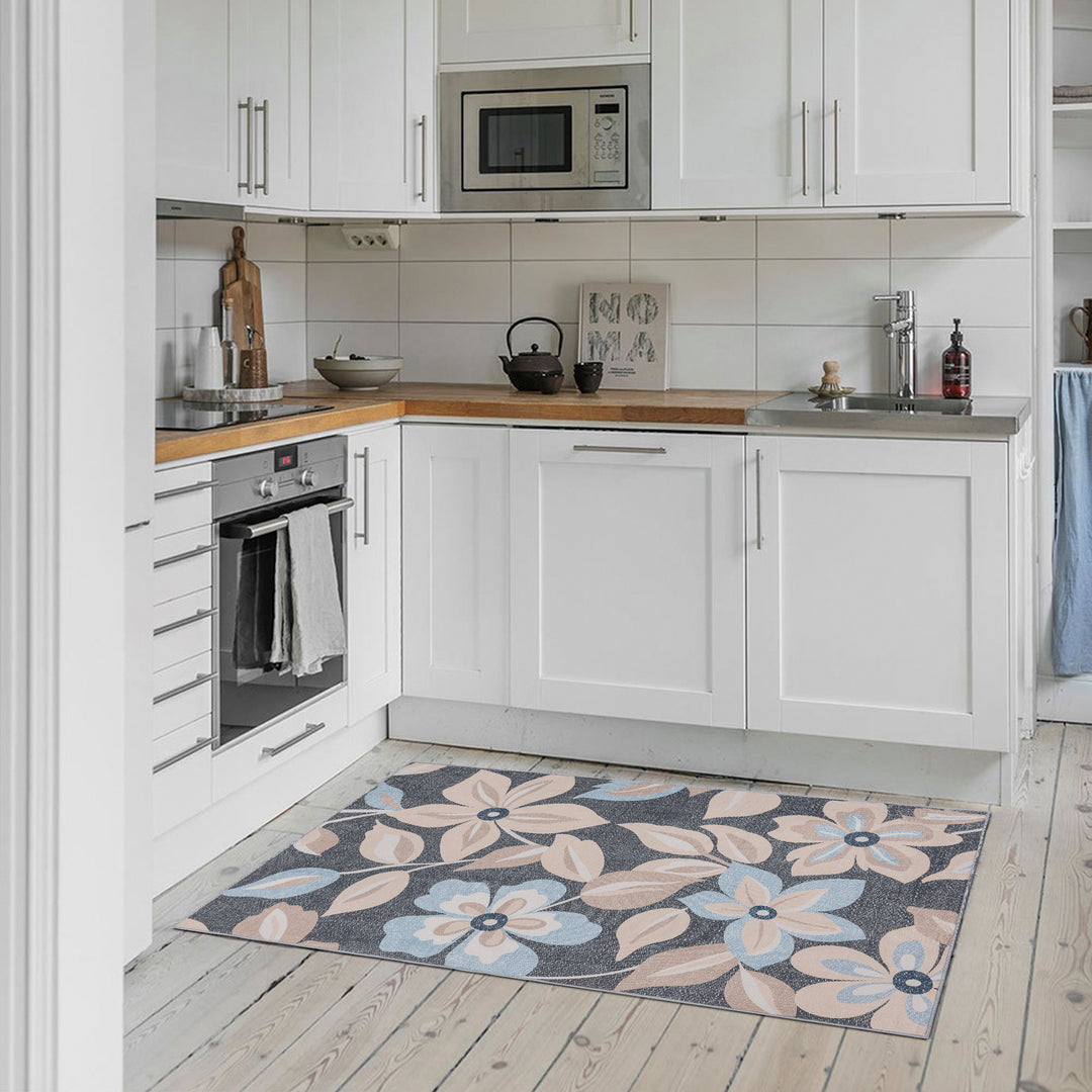 YUIlili Boho Floral Area Rug Charcoal Blue Beige Soft Low-Pile Non-Slip Machine Washable Carpet for Living Room, Bedroom, Hallway Runner Indoor Rugs #AZJL15