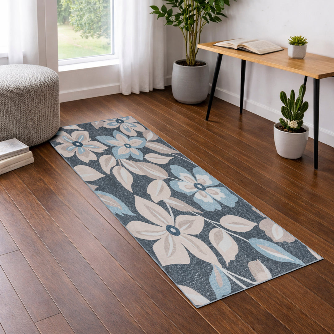 YUIlili Boho Floral Area Rug Charcoal Blue Beige Soft Low-Pile Non-Slip Machine Washable Carpet for Living Room, Bedroom, Hallway Runner Indoor Rugs #AZJL15