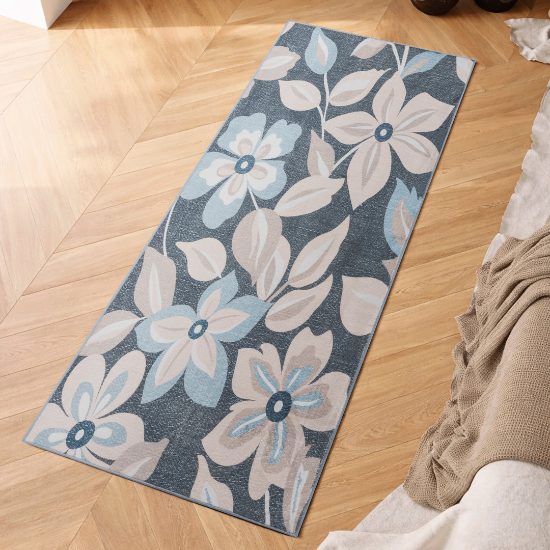 YUIlili Boho Floral Area Rug Charcoal Blue Beige Soft Low-Pile Non-Slip Machine Washable Carpet for Living Room, Bedroom, Hallway Runner Indoor Rugs #AZJL15