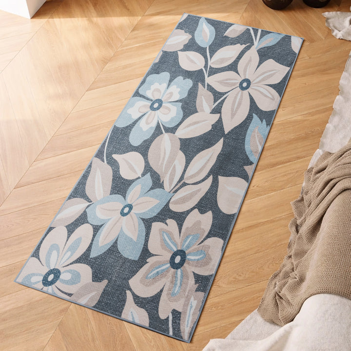 YUIlili Boho Floral Area Rug Charcoal Blue Beige Soft Low-Pile Non-Slip Machine Washable Carpet for Living Room, Bedroom, Hallway Runner Indoor Rugs #AZJL15