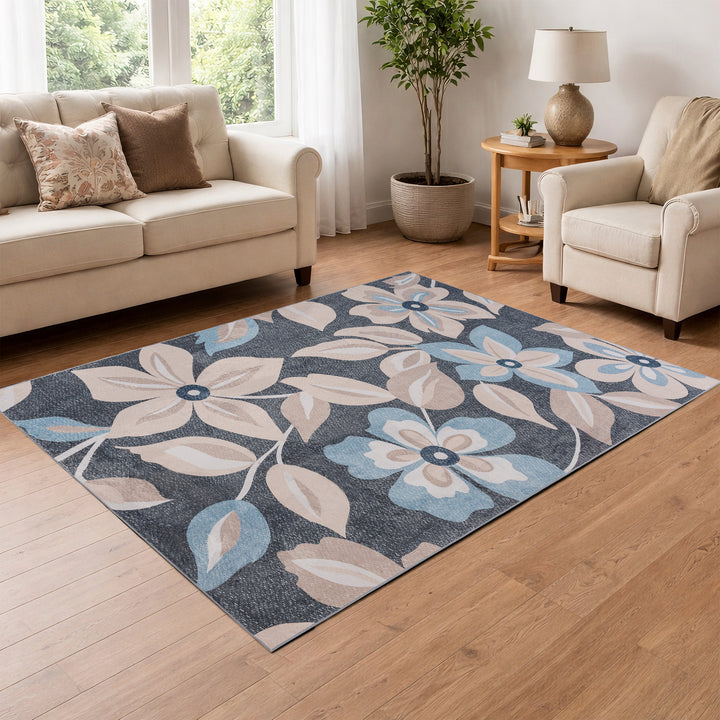 YUIlili Boho Floral Area Rug Charcoal Blue Beige Soft Low-Pile Non-Slip Machine Washable Carpet for Living Room, Bedroom, Hallway Runner Indoor Rugs #AZJL15