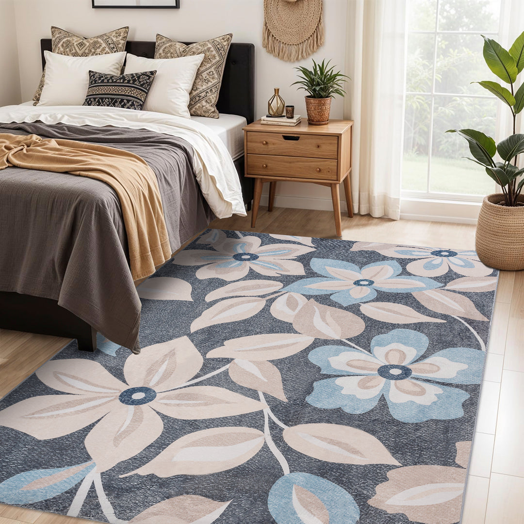 YUIlili Boho Floral Area Rug Charcoal Blue Beige Soft Low-Pile Non-Slip Machine Washable Carpet for Living Room, Bedroom, Hallway Runner Indoor Rugs #AZJL15