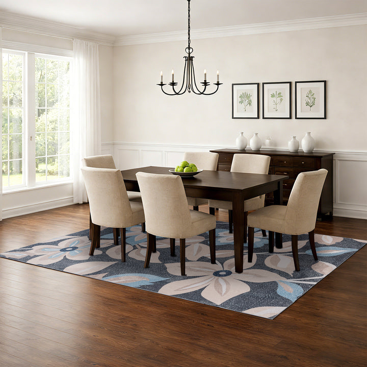 YUIlili Boho Floral Area Rug Charcoal Blue Beige Soft Low-Pile Non-Slip Machine Washable Carpet for Living Room, Bedroom, Hallway Runner Indoor Rugs #AZJL15